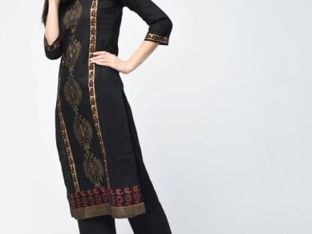 Aniyah Cotton Block Printed Latest Black Straight Kurta (AN-122K) Online Sale