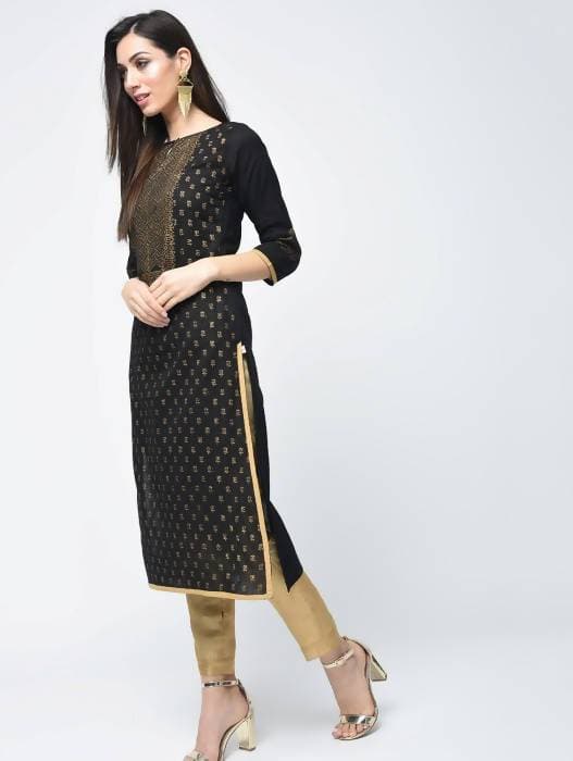 Aniyah Cotton Block Printed Black Color Straight Kurta (AN-123K) For Cheap