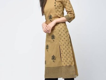 Aniyah Cotton Block Printed Beige Color Front Slit Kurta (AN-117K) Online