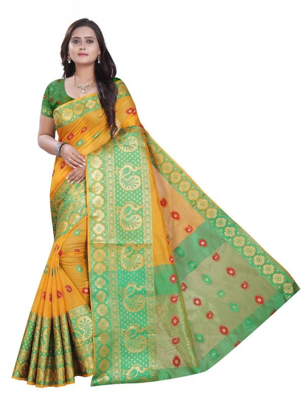 Vamika Banarasi Cotton Silk Yellow Weaving Saree Sale