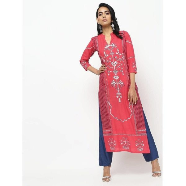 Cheera Pink Straight Printed Long Kurta on Sale