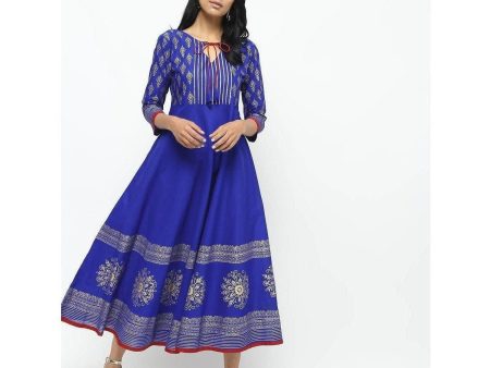 Cheera Royal Blue Flared Block Printed Long Kurta For Sale