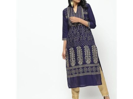 Cheera Navy Blue Straight Foil Printed Long Kurta Cheap