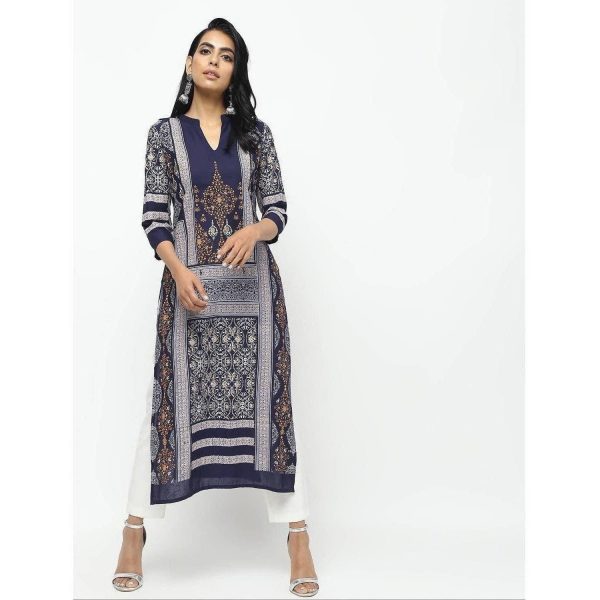 Cheera Navy Blue Straight Printed Kurta Online Sale