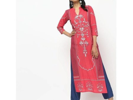 Cheera Pink Straight Printed Long Kurta on Sale