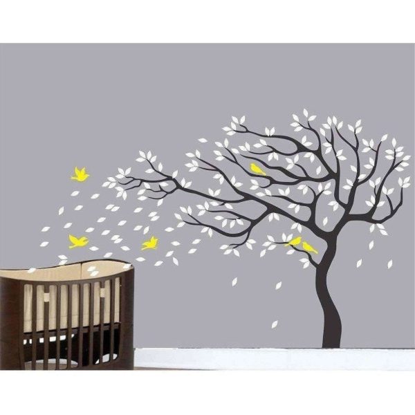 Big Beautiful Black Tree White Leaves Yellow Birds For Discount