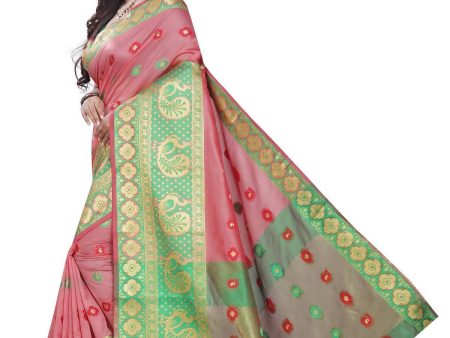 Vamika Banarasi Cotton Silk Peach Weaving Saree For Discount