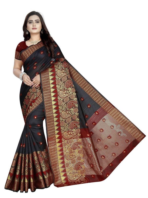 Vamika Banarasi Jaquard Black & Red Weaving Saree For Cheap