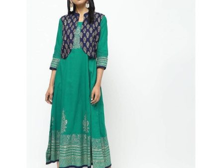 Cheera Kalidar Anarkali With Contrast Jacket On Foil Print Design Kurta Supply