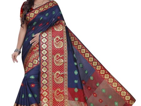 Vamika Banarasi Cotton Silk Navy Blue Weaving Saree For Cheap