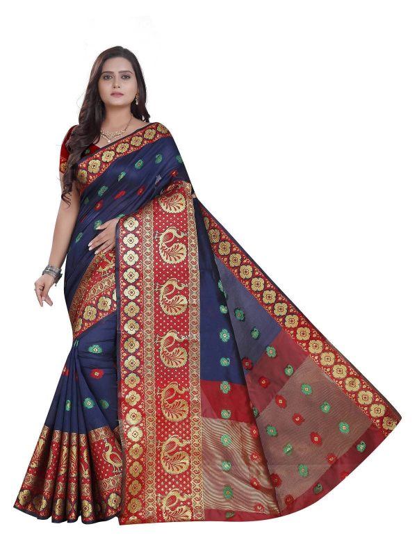 Vamika Banarasi Cotton Silk Navy Blue Weaving Saree For Cheap